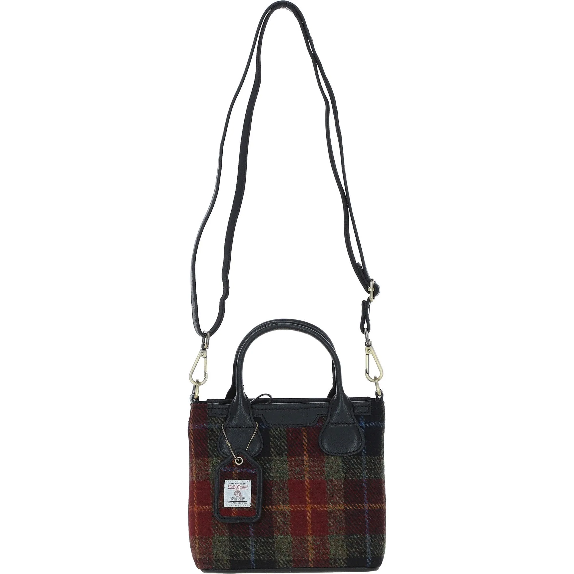 Ashwood Leather x Harris Tweed Handbag with Removable Crossbody Strap Black/Green/Red: TW-21-07-BR