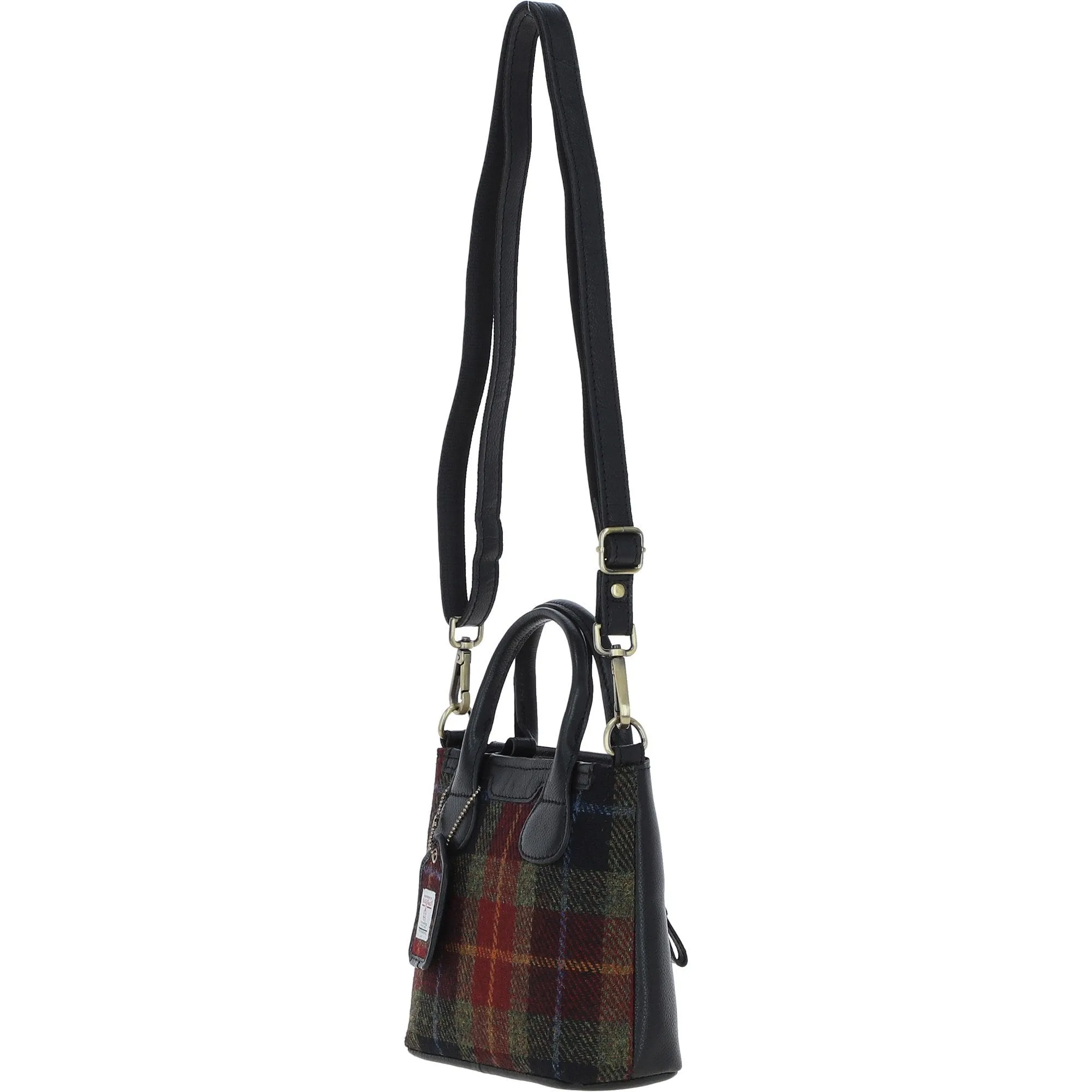 Ashwood Leather x Harris Tweed Handbag with Removable Crossbody Strap Black/Green/Red: TW-21-07-BR