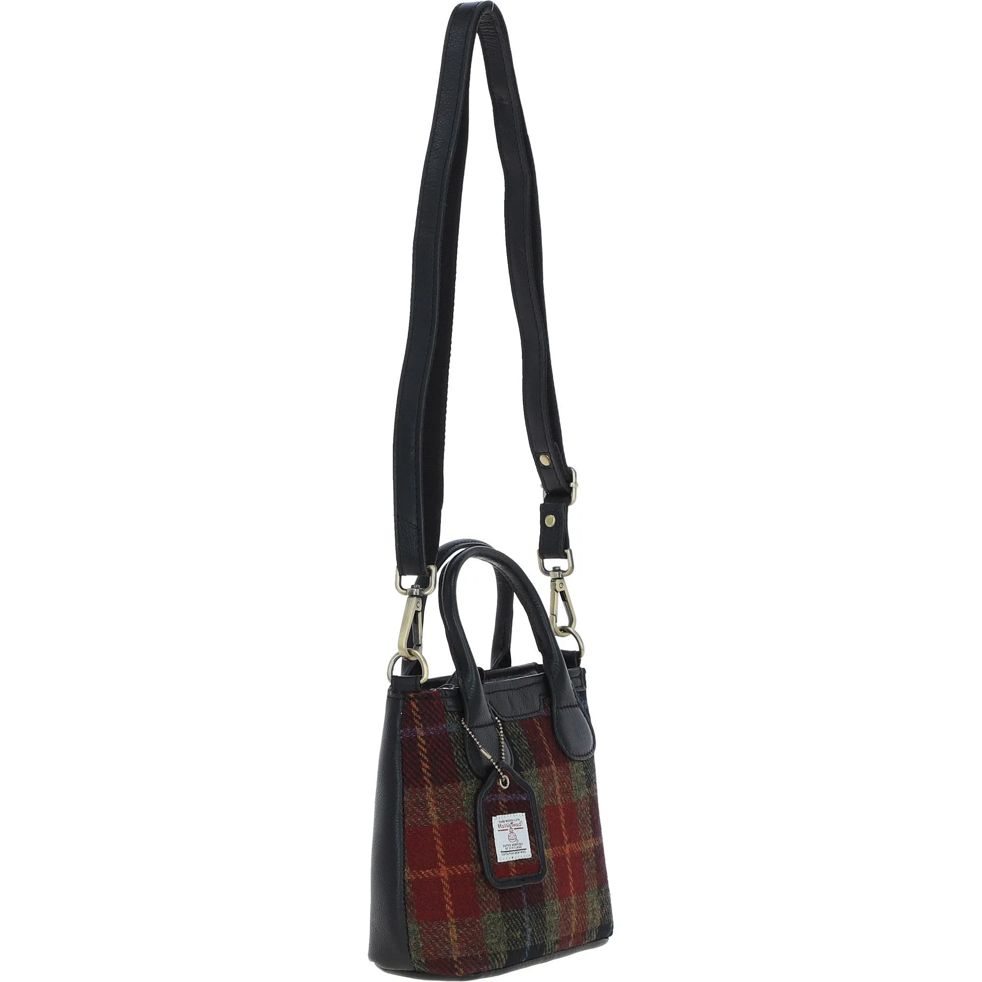 Ashwood Leather x Harris Tweed Handbag with Removable Crossbody Strap Black/Green/Red: TW-21-07-BR