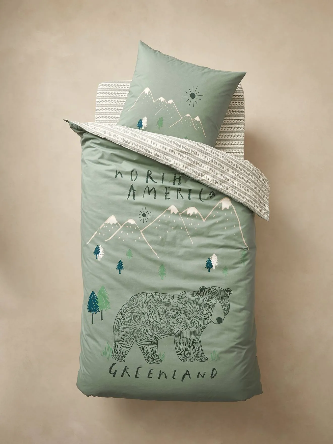 Children's Duvet Cover + Pillowcase Set, Nomad - printed green