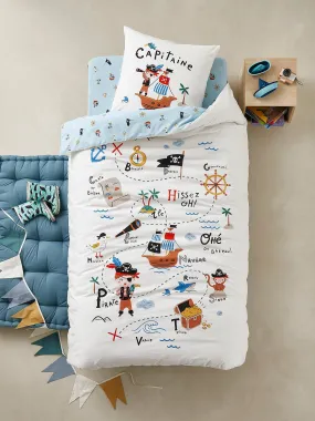 Children's Duvet Cover + Pillowcase Set, P for Pirate Theme - white