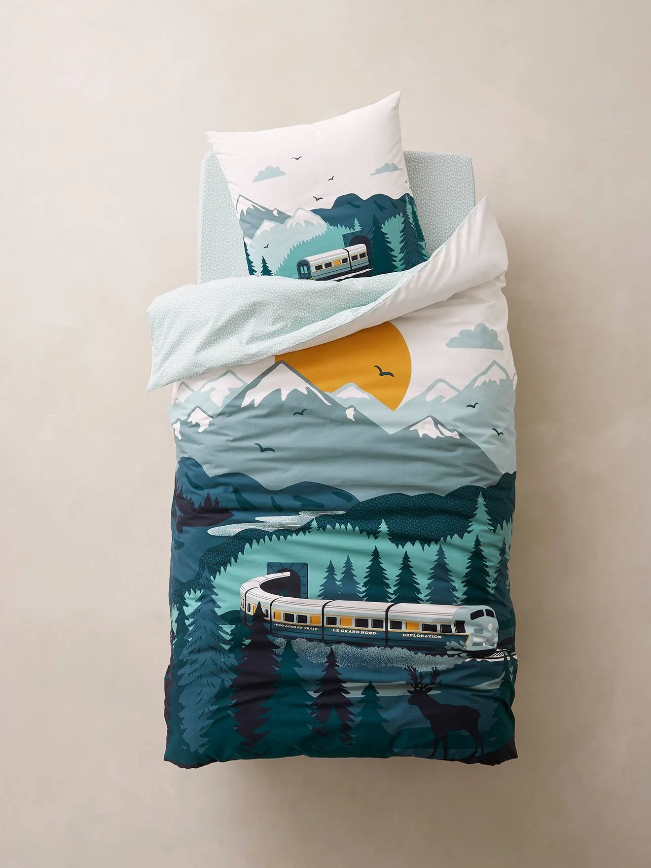 Children's Duvet Cover + Pillowcase Set, Sur les Rails - green