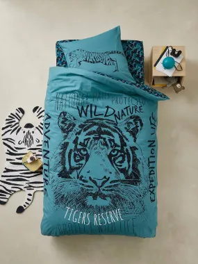 Children's Duvet Cover + Pillowcase Set, TIGER Theme - blue