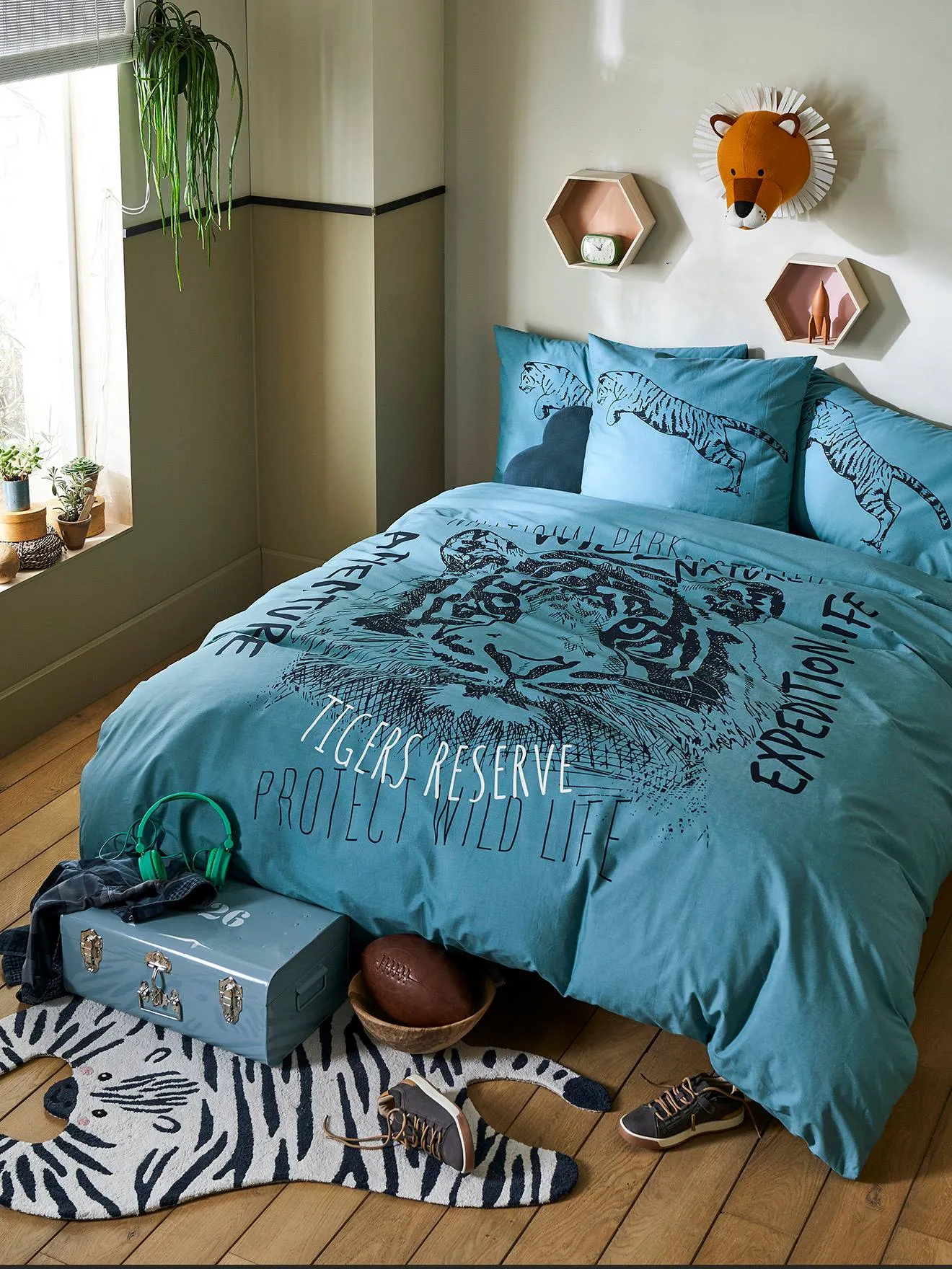 Children's Duvet Cover + Pillowcase Set, TIGER Theme - blue