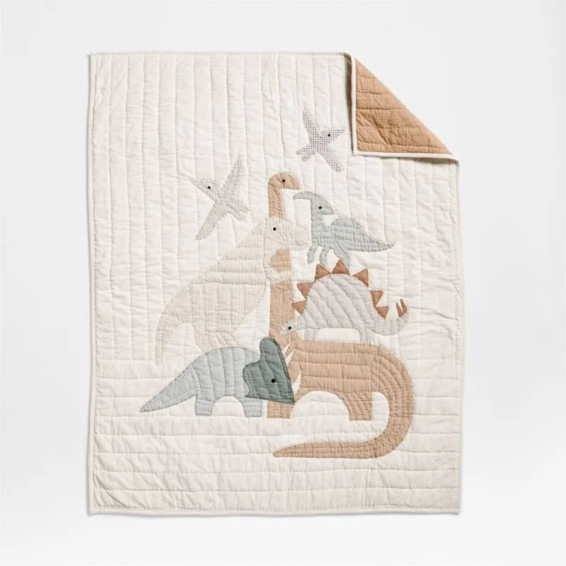 Crate&Barrel Dino Tower Embroidered Organic Cotton Baby Crib Quilt