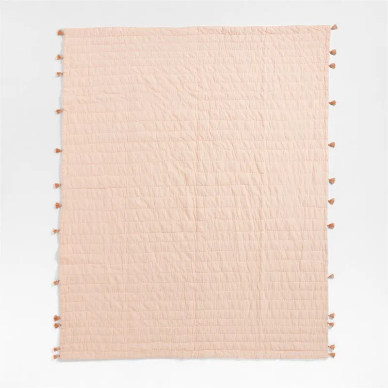 Crate&Barrel Elegant Pink Embroidered Texture Stripe Voile Kids Twin Quilt