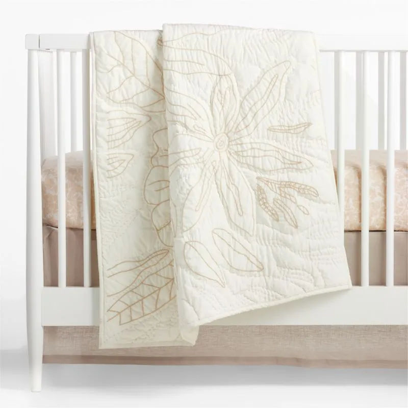 Crate&Barrel Ellsworth Organic White Floral Baby Crib Quilt