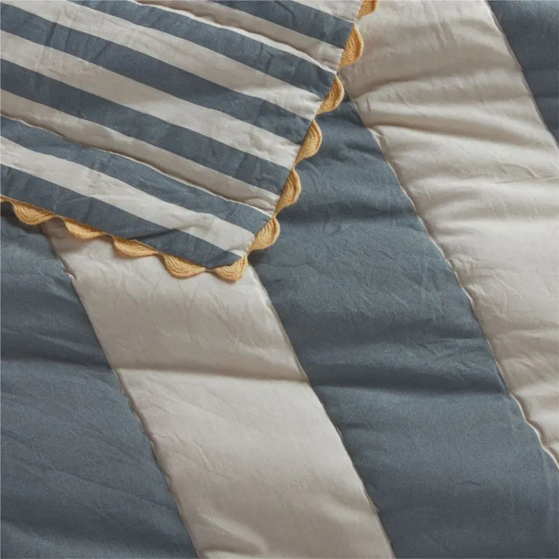 Crate&Barrel Riviera Slate Blue Stripe Organic Cotton Reversible Baby Crib Quilt