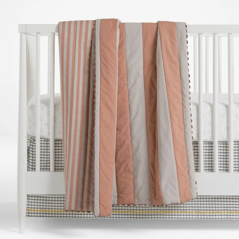 Crate&Barrel Riviera Terracotta Pink Stripe Organic Cotton Reversible Baby Crib Quilt