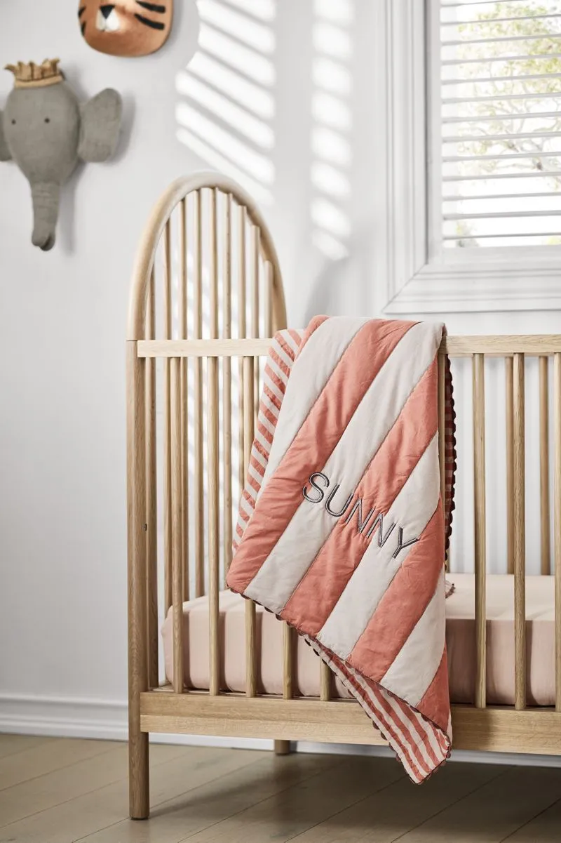 Crate&Barrel Riviera Terracotta Pink Stripe Organic Cotton Reversible Baby Crib Quilt