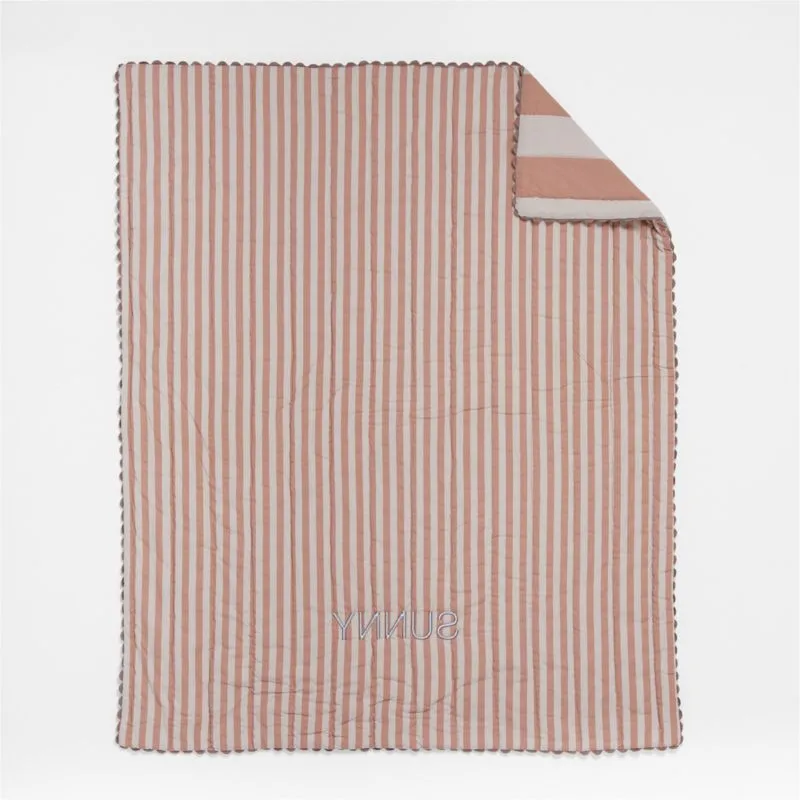 Crate&Barrel Riviera Terracotta Pink Stripe Organic Cotton Reversible Baby Crib Quilt