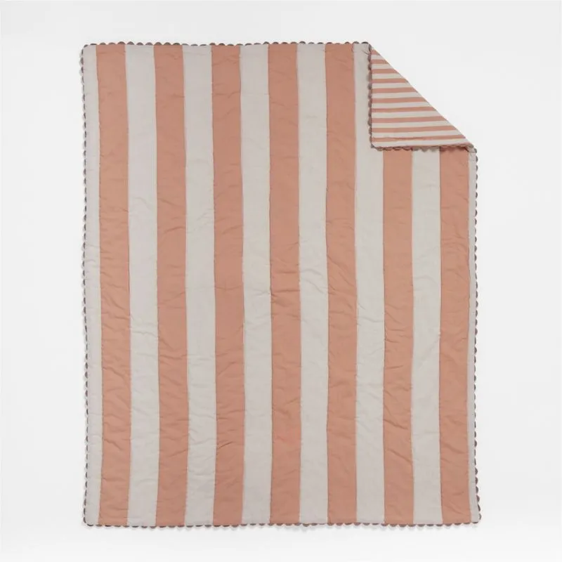 Crate&Barrel Riviera Terracotta Pink Stripe Organic Cotton Reversible Baby Crib Quilt