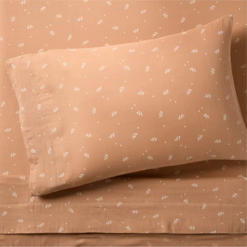 Crate&Barrel Supersoft Terracotta Leaf Print Organic Cotton Gauze Kids Twin Sheet Set