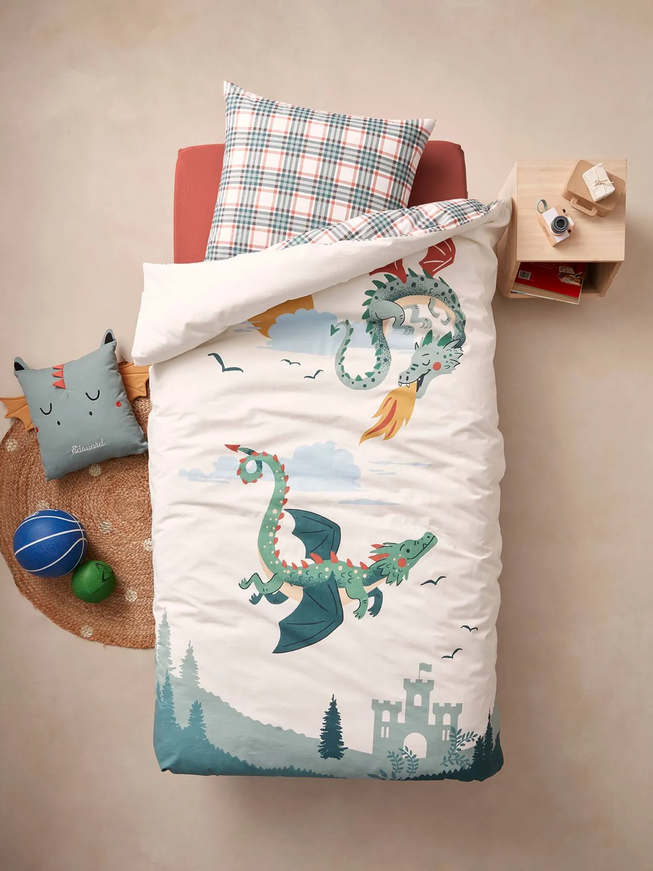 Duvet Cover + Pillowcase Set, Dragons - printed white