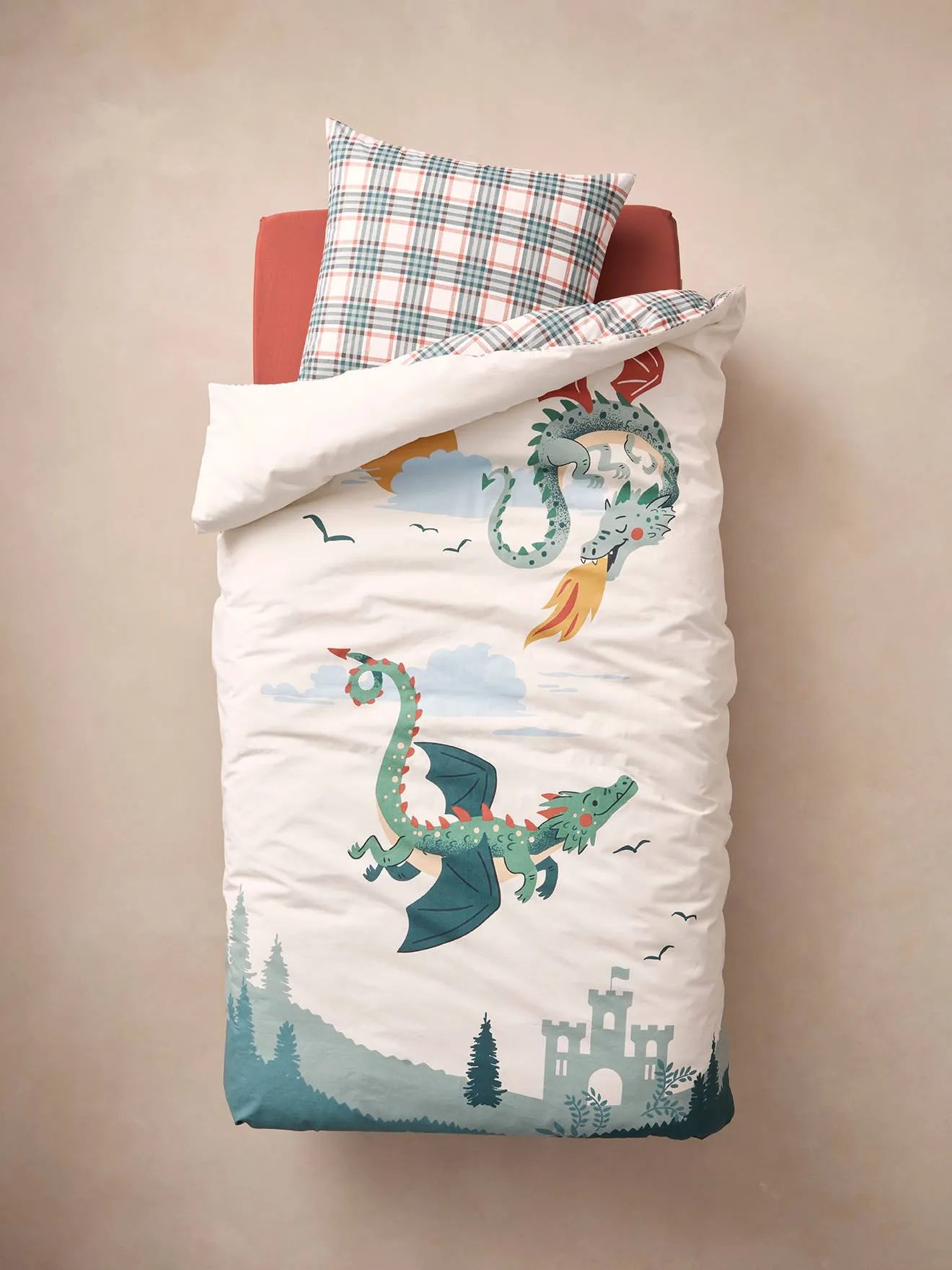 Duvet Cover + Pillowcase Set, Dragons - printed white