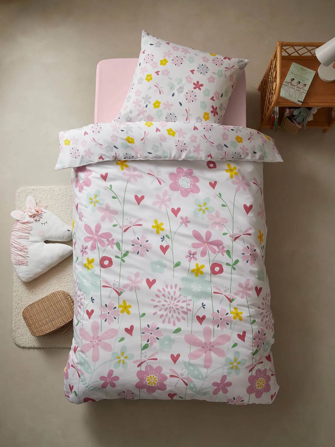 Duvet Cover + Pillowcase Set for Children, Flowers and Dragonflies Theme - white