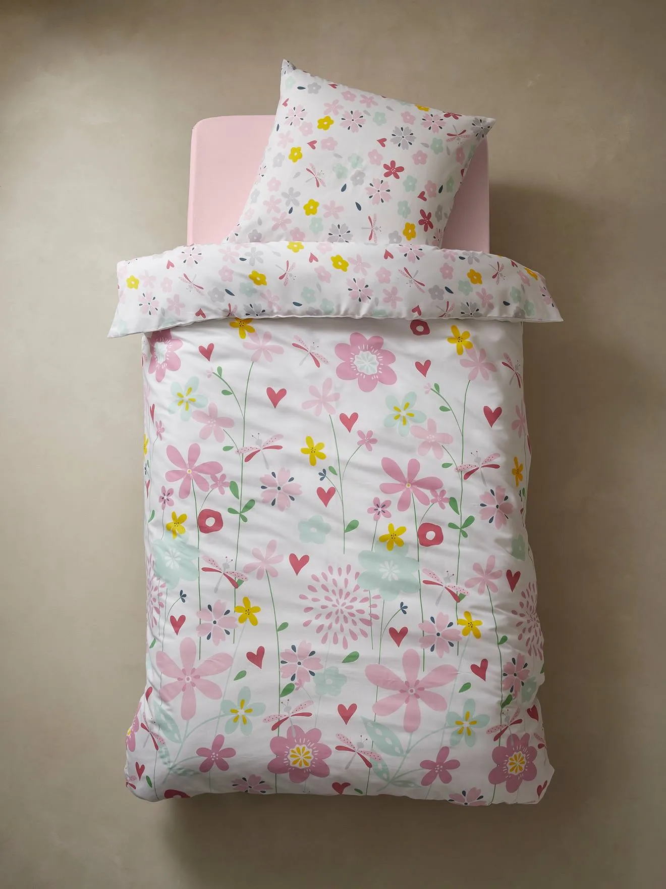 Duvet Cover + Pillowcase Set for Children, Flowers and Dragonflies Theme - white