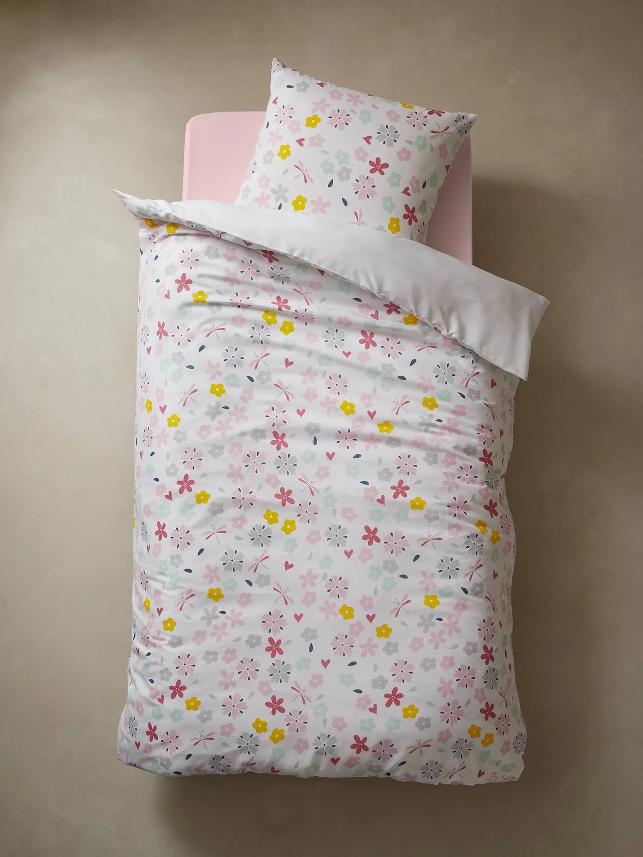 Duvet Cover + Pillowcase Set for Children, Flowers and Dragonflies Theme - white