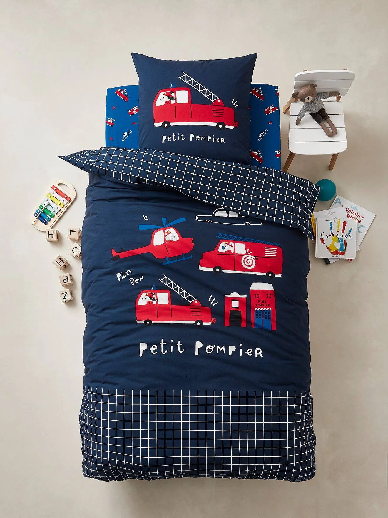 Duvet Cover + Pillowcase Set for Children, 'Petit Pompier' Theme - dark blue