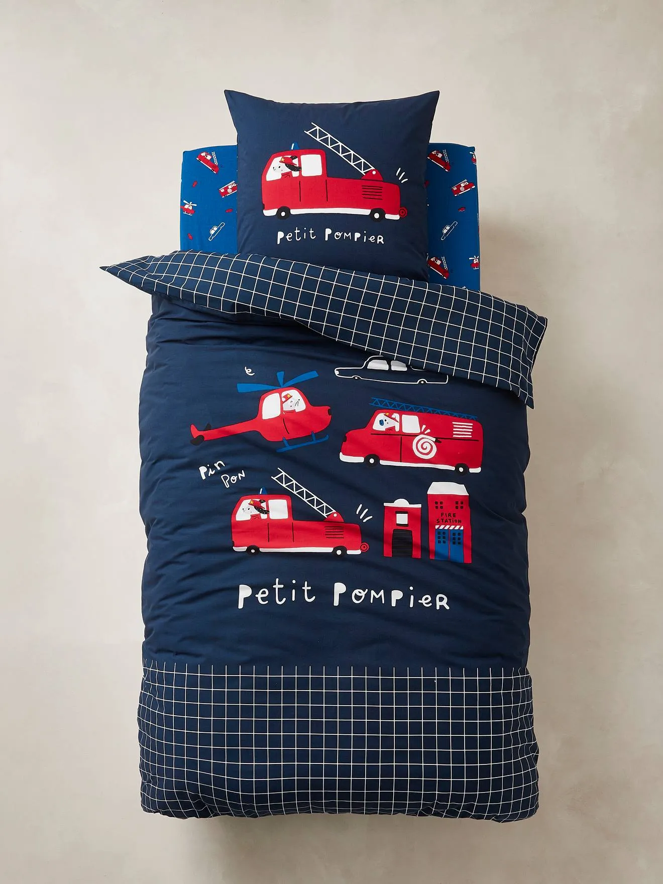 Duvet Cover + Pillowcase Set for Children, 'Petit Pompier' Theme - dark blue