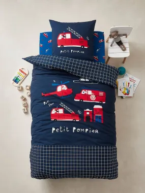 Duvet Cover + Pillowcase Set for Children, 'Petit Pompier' Theme - dark blue