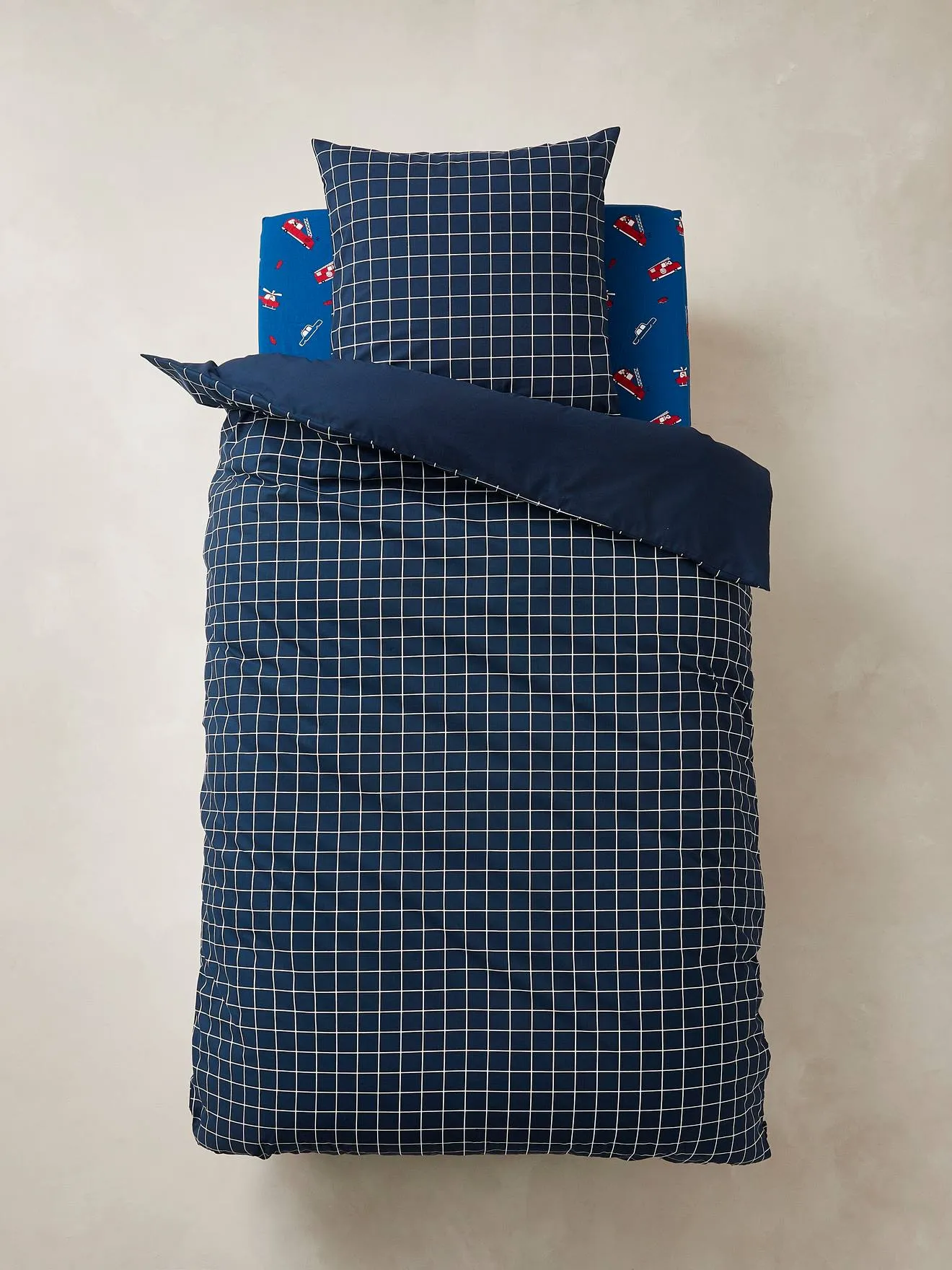 Duvet Cover + Pillowcase Set for Children, 'Petit Pompier' Theme - dark blue