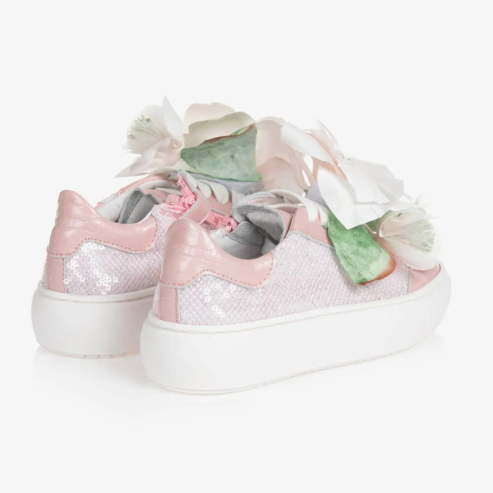 Girls Pink Leather Flower Trainers