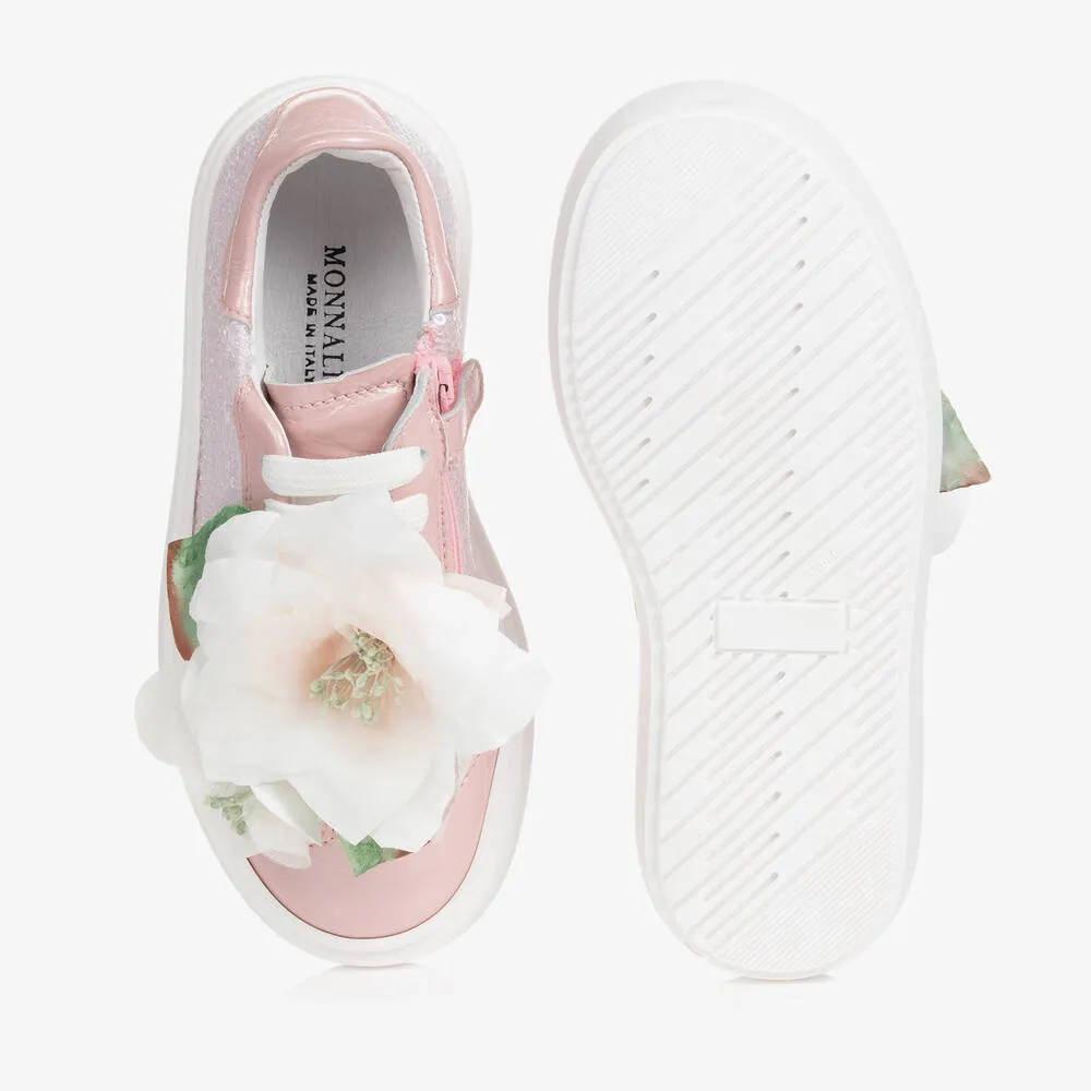 Girls Pink Leather Flower Trainers