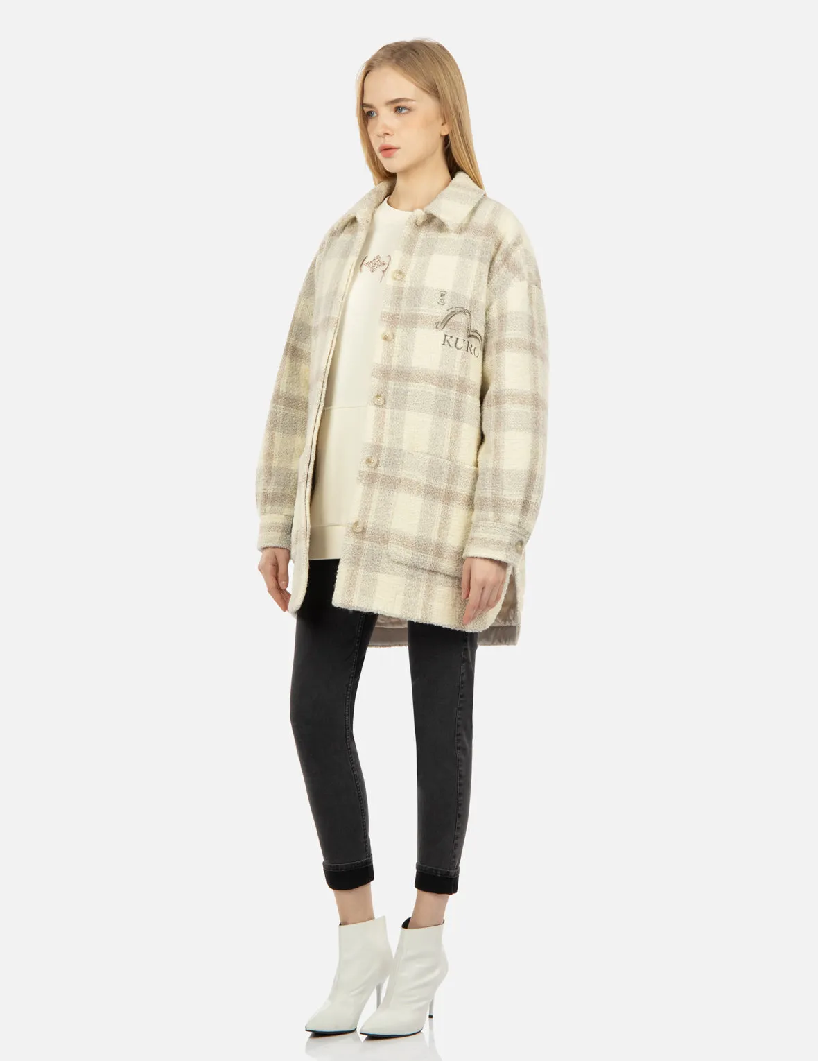 Gradient Kamon Embroidery Plaid Shirt Jacket