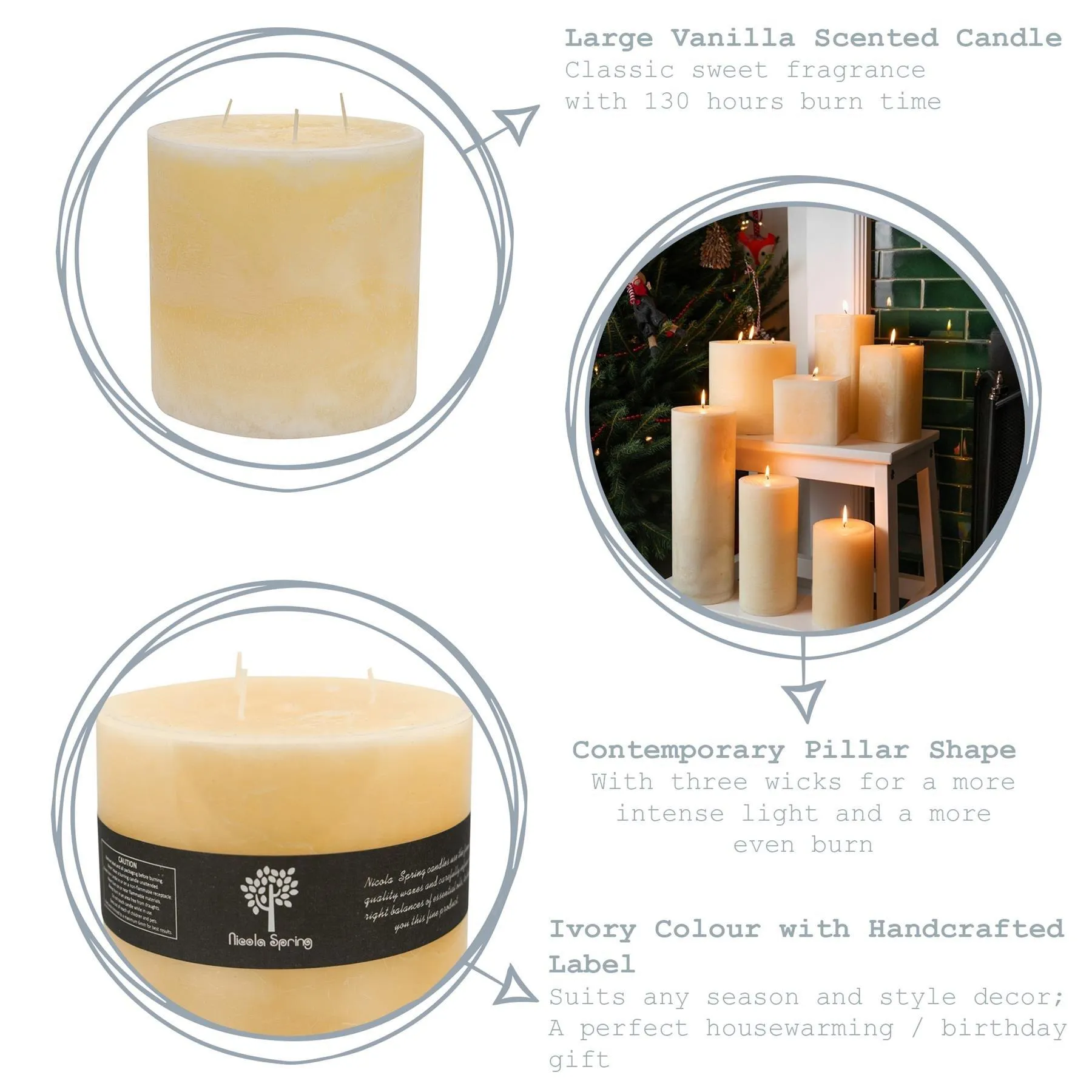 Home Fragrance | Round 3 Wick Vanilla Pillar Candles 130 Hours Cream Pack of 3 | Nicola Spring