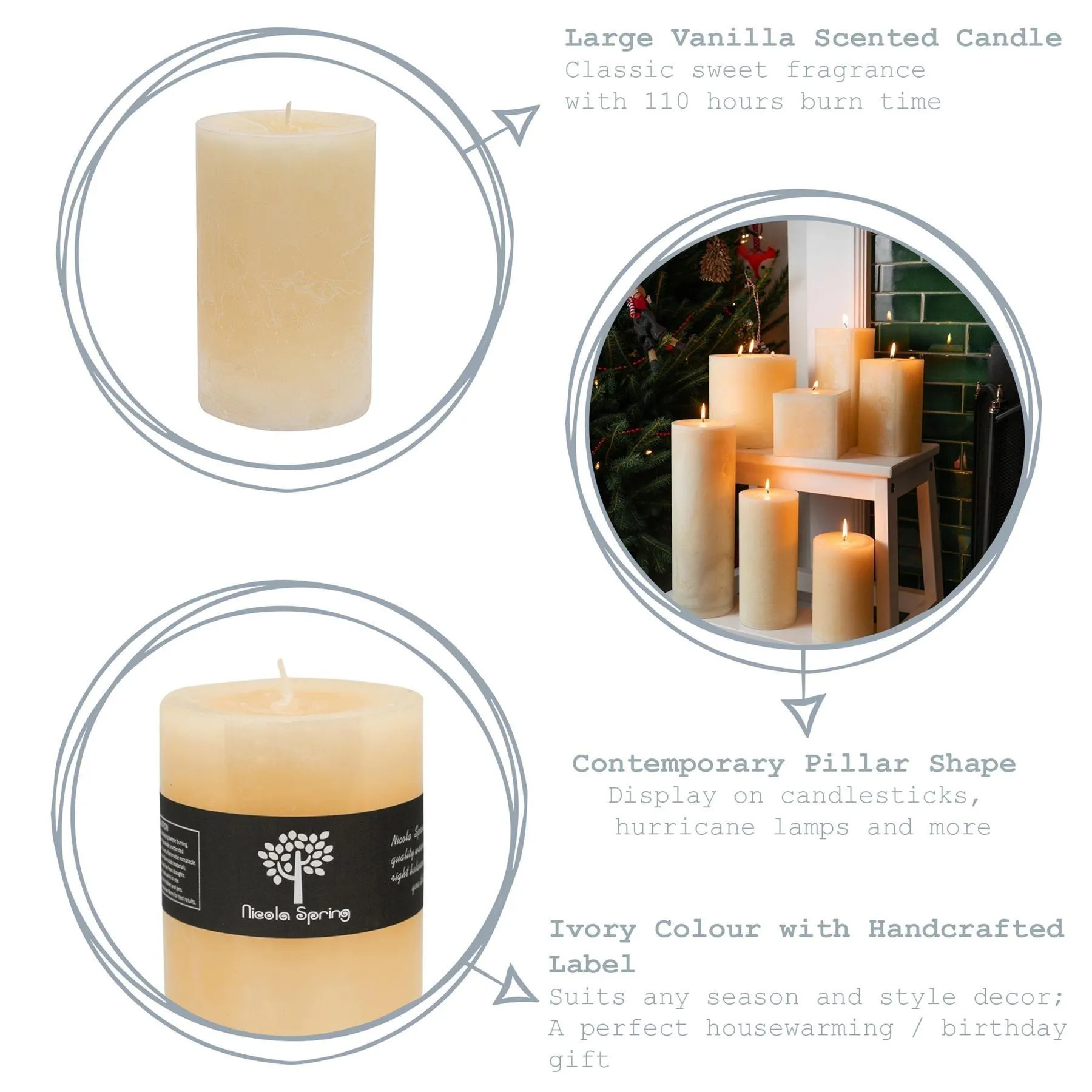 Home Fragrance | Round Vanilla Pillar Candles 3 Sizes Cream Pack of 3 | Nicola Spring