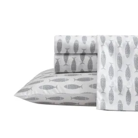 Nautica Woodblock Fish Grey Queen Sheet Set Heather