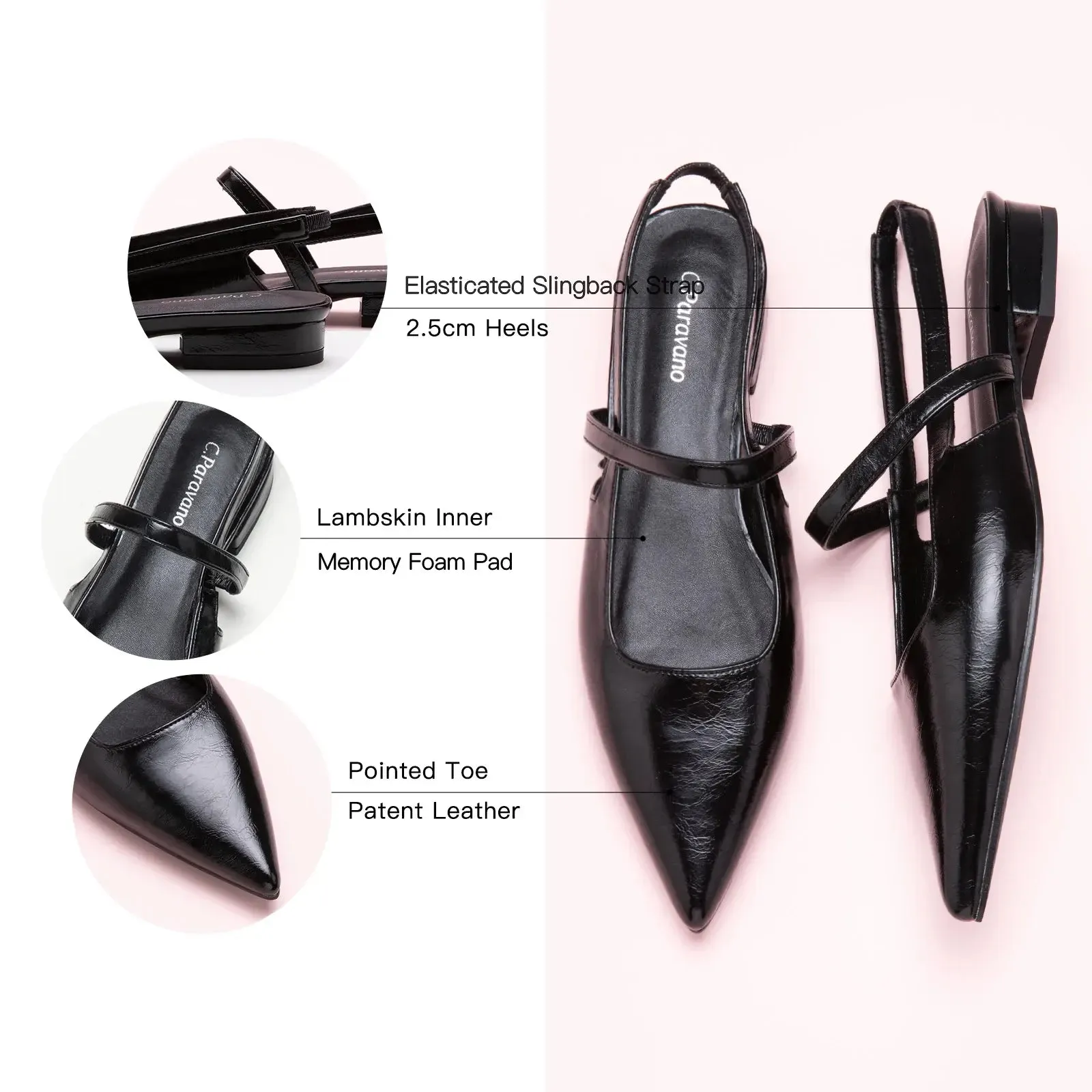 Pointed Toe Slingback Flats (Freya) Black