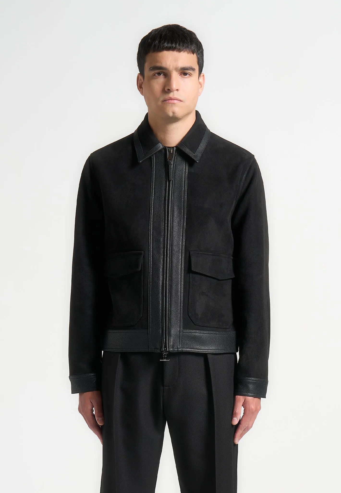 Suede & Pebbled Leather Jacket - Black