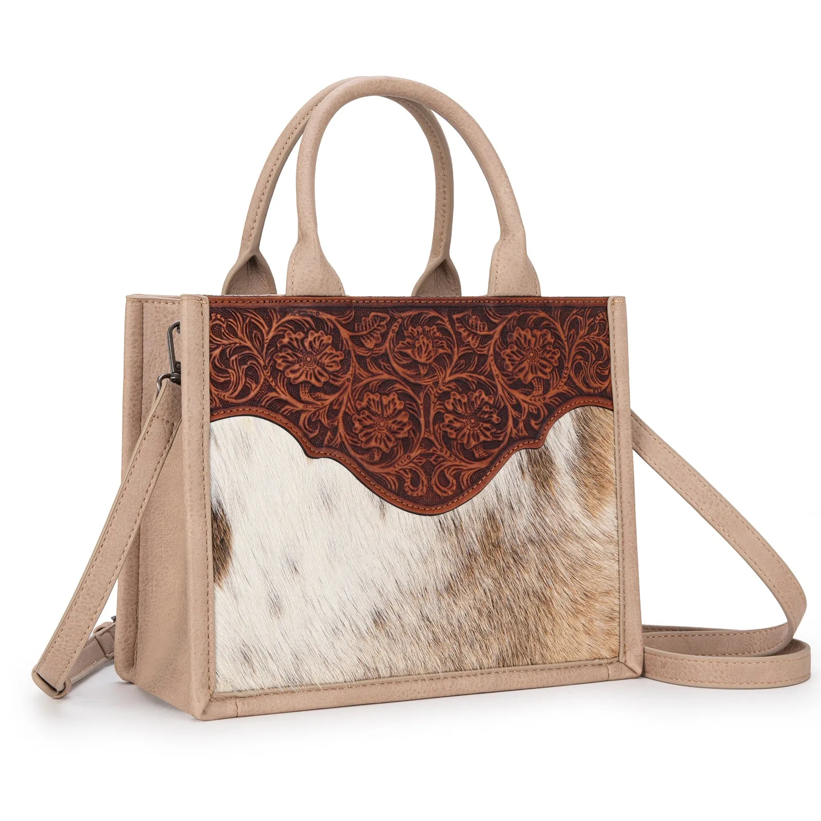 TR178G-8899   Trinity Ranch Hair On Cowhide Floral Tooled Concealed Carry Tote/Crossbody -Tan