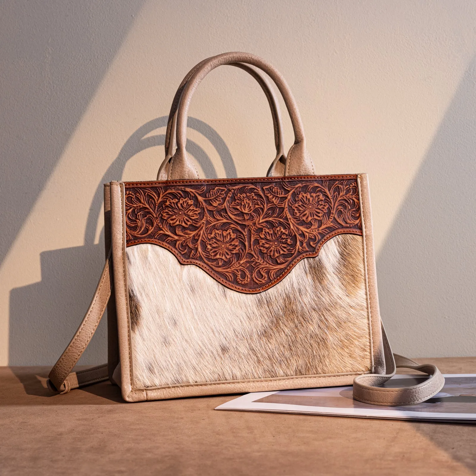 TR178G-8899   Trinity Ranch Hair On Cowhide Floral Tooled Concealed Carry Tote/Crossbody -Tan