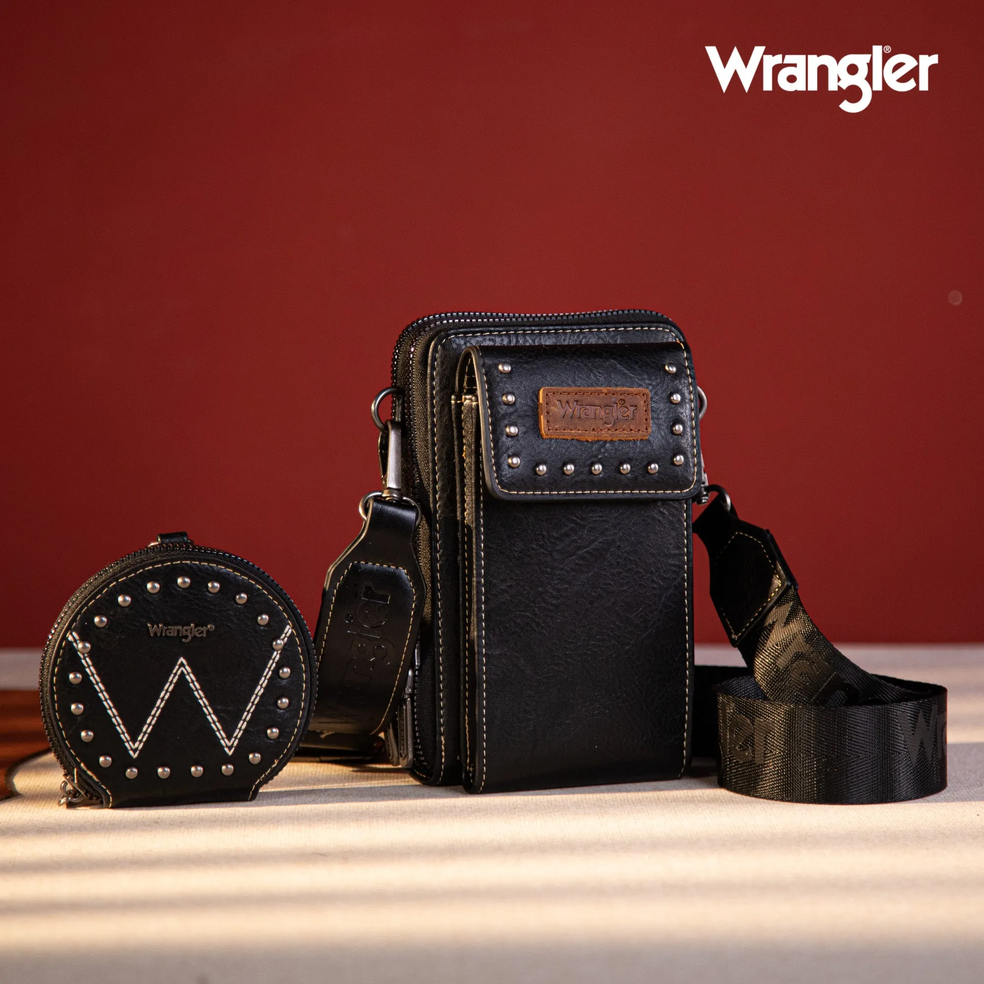 WG48S-270 Wrangler Crossbody Cell Phone Purse 2 Zippered Compartment with Coin Pouch - Black