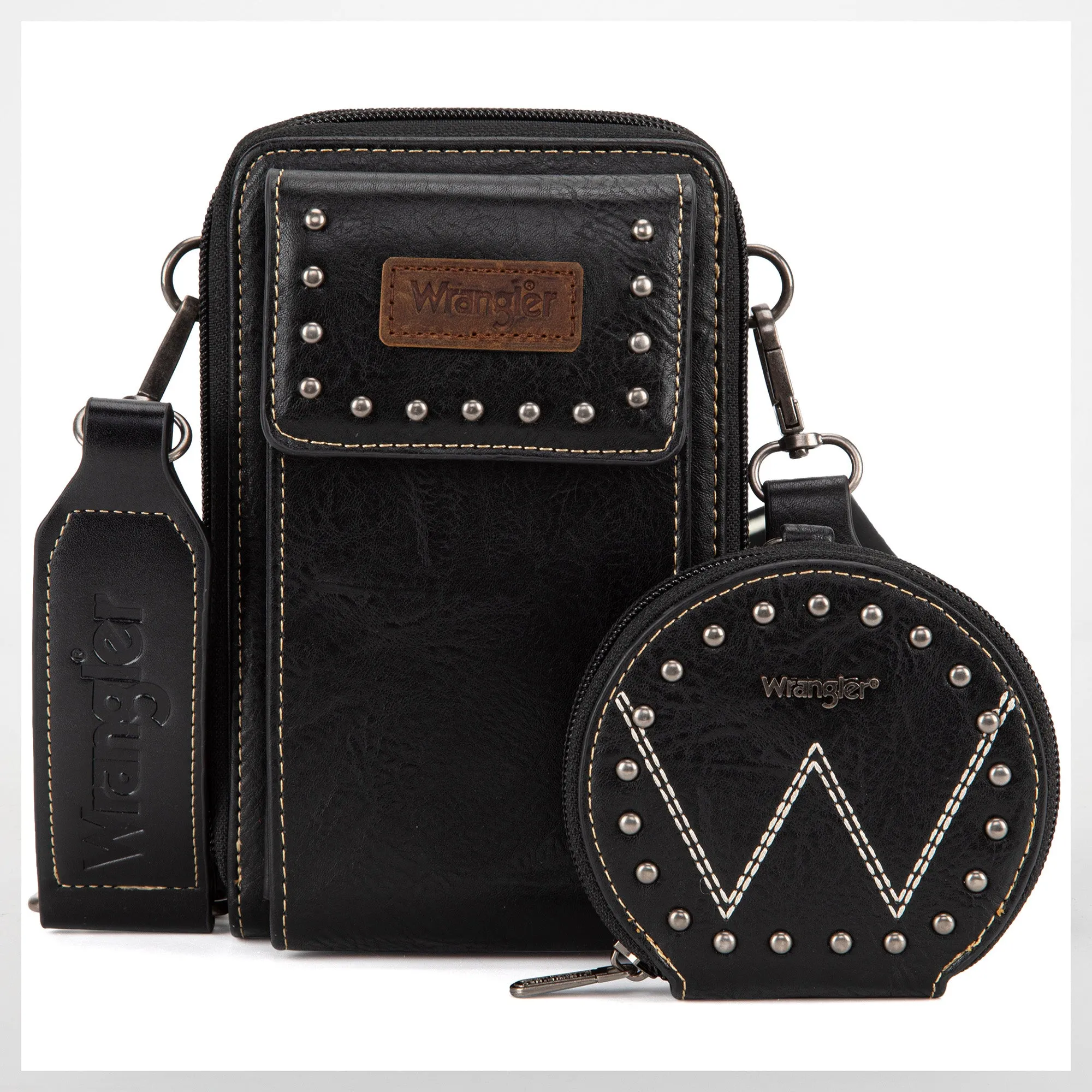 WG48S-270 Wrangler Crossbody Cell Phone Purse 2 Zippered Compartment with Coin Pouch - Black